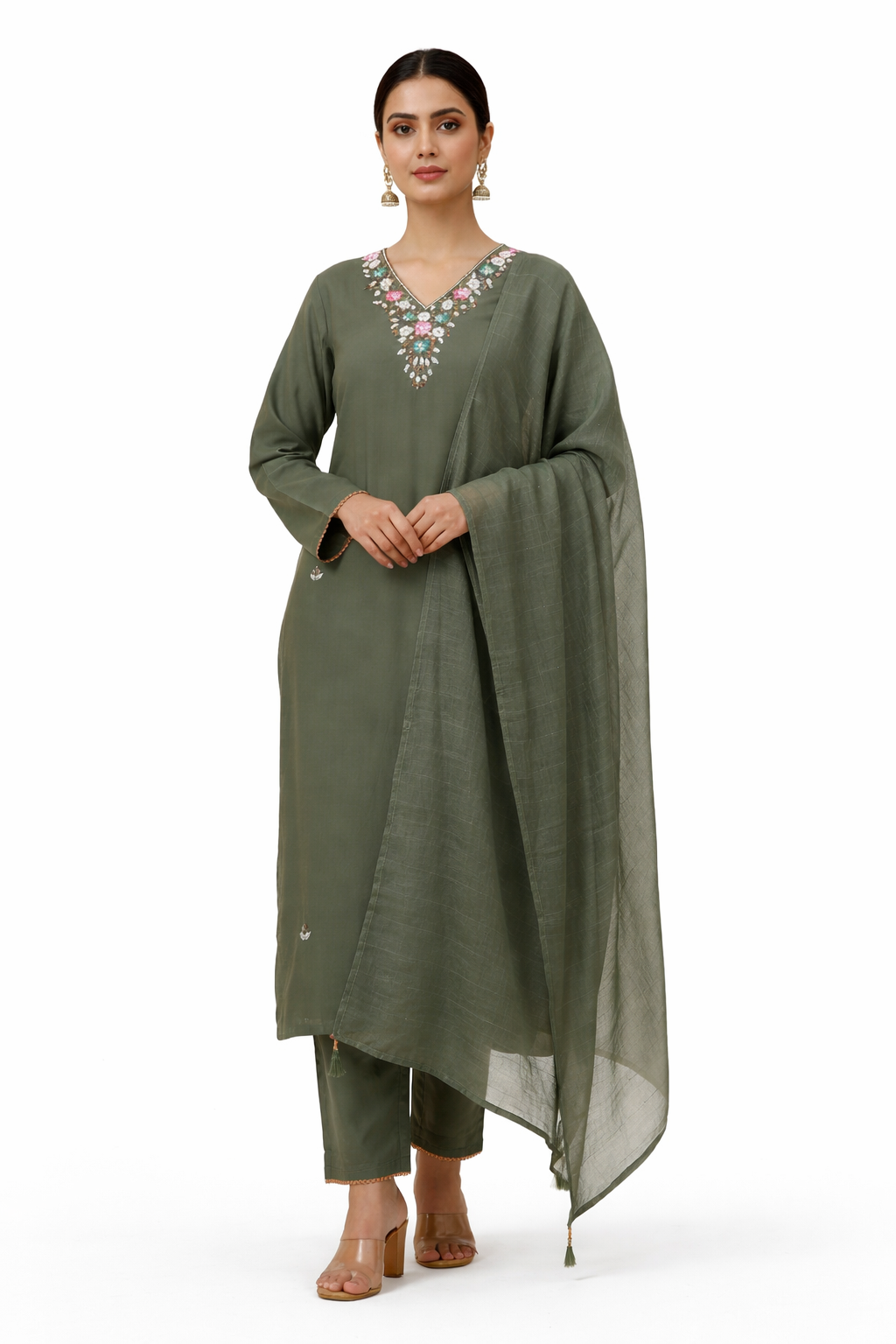 Olive Green Silk Chikankari Embroidered Suit with Floral Work